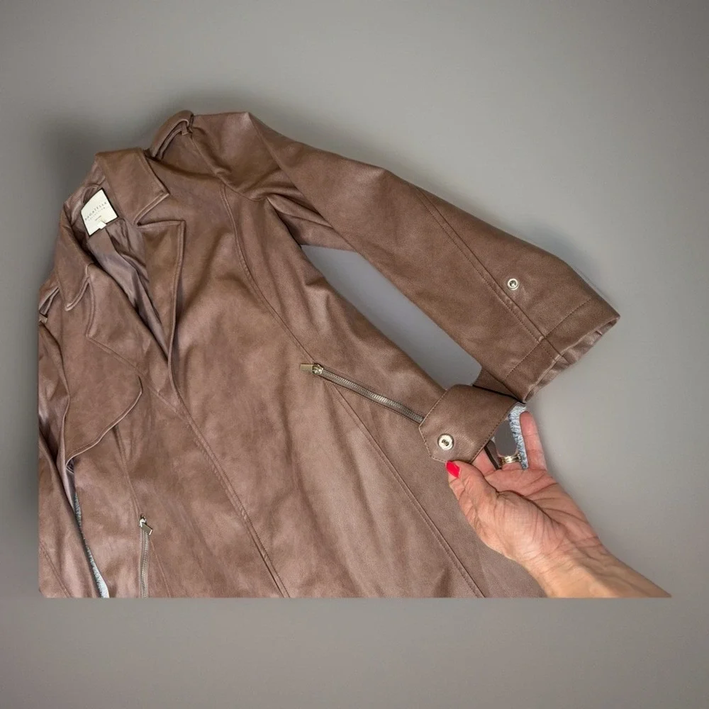 NWOT Bagatelle Brown‎ Faux Leather Long Moto Jacket Zip Pockets Women's Size XL